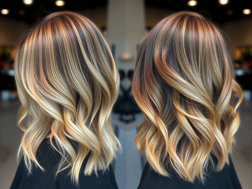 Lowlights vs. Reverse Balayage: Defining Dimensional Color 1 create a highly detailed high resolution image illustrating the concepts of 3