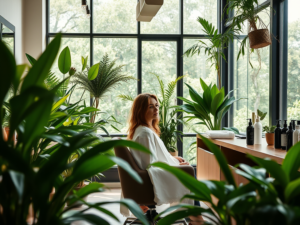 Earth-Friendly Salon Services: Conscious Beauty at Just For Hair 1 create a highly detailed and sharp focused featured image for a 2