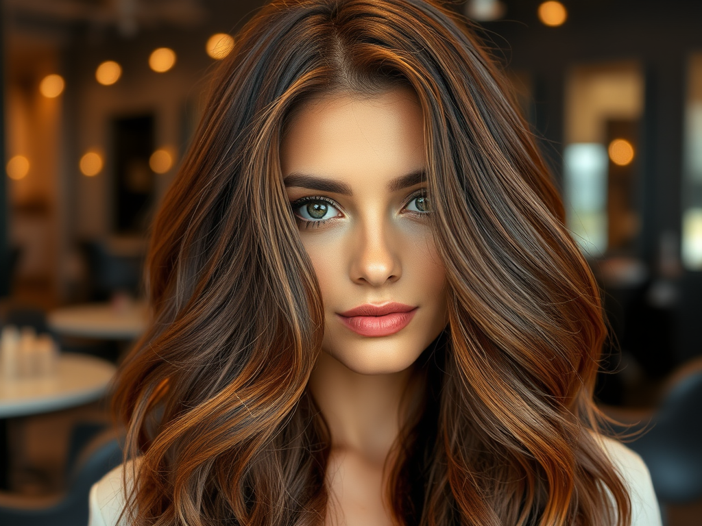 Dimensional Brunette: Adding Depth at ophairsalon.com 1 create a highly detailed high resolution image featuring a model showcasing