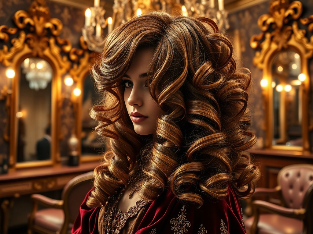 Opulence Hair Arts: The 17th-Century Revival at Just For Hair 1 create a high resolution highly detailed image of a luxurious hair