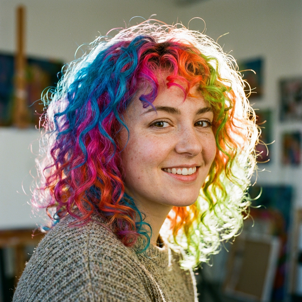Smiling person with vibrant rainbow-colored curly hair in a sunlit art studio.