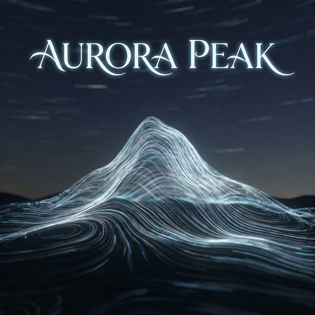 Abstract mountain formed by flowing lines of light under a long-exposure starry sky.