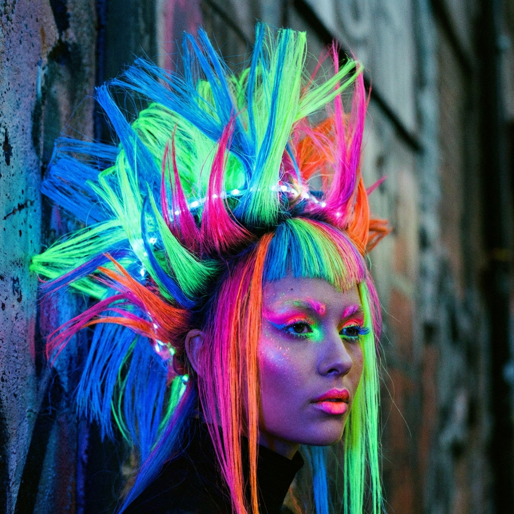 Person with vibrant, multicolored neon spiked hair and glowing accents against a textured wall.