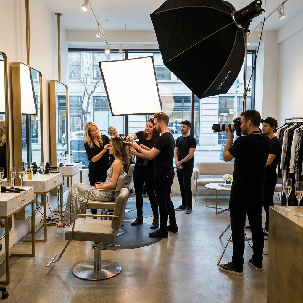 The Mane Event: Claiming Your Spotlight at Just For Hair 1 Stylists preparing a model for a fashion photoshoot in a modern, well-lit salon environment.