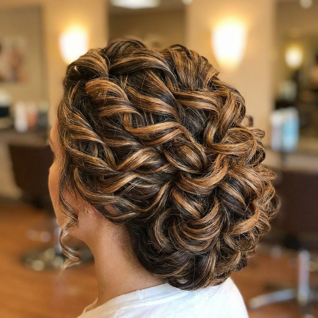 Curl Up & Dye: The Ultimate Color & Texture Story at Just For Hair 1 Side view of an elaborate braided and twisted updo with caramel highlights.