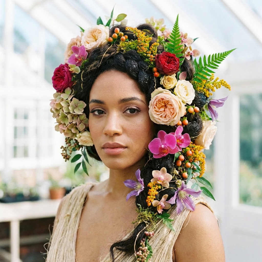 Woman with an elaborate floral headpiece and braided hair in a sunlit greenhouse.