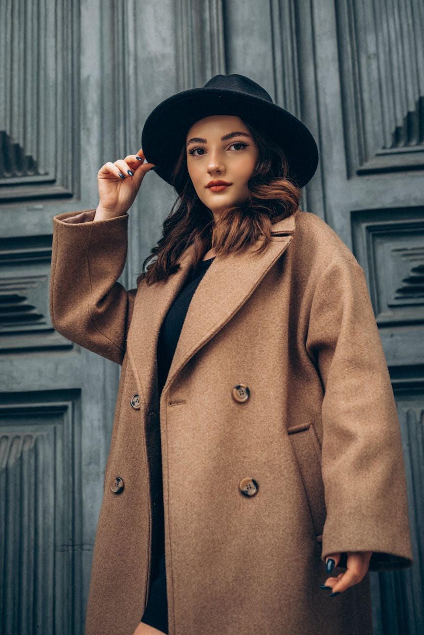 model in cashmere coat and black wide brimmed hat