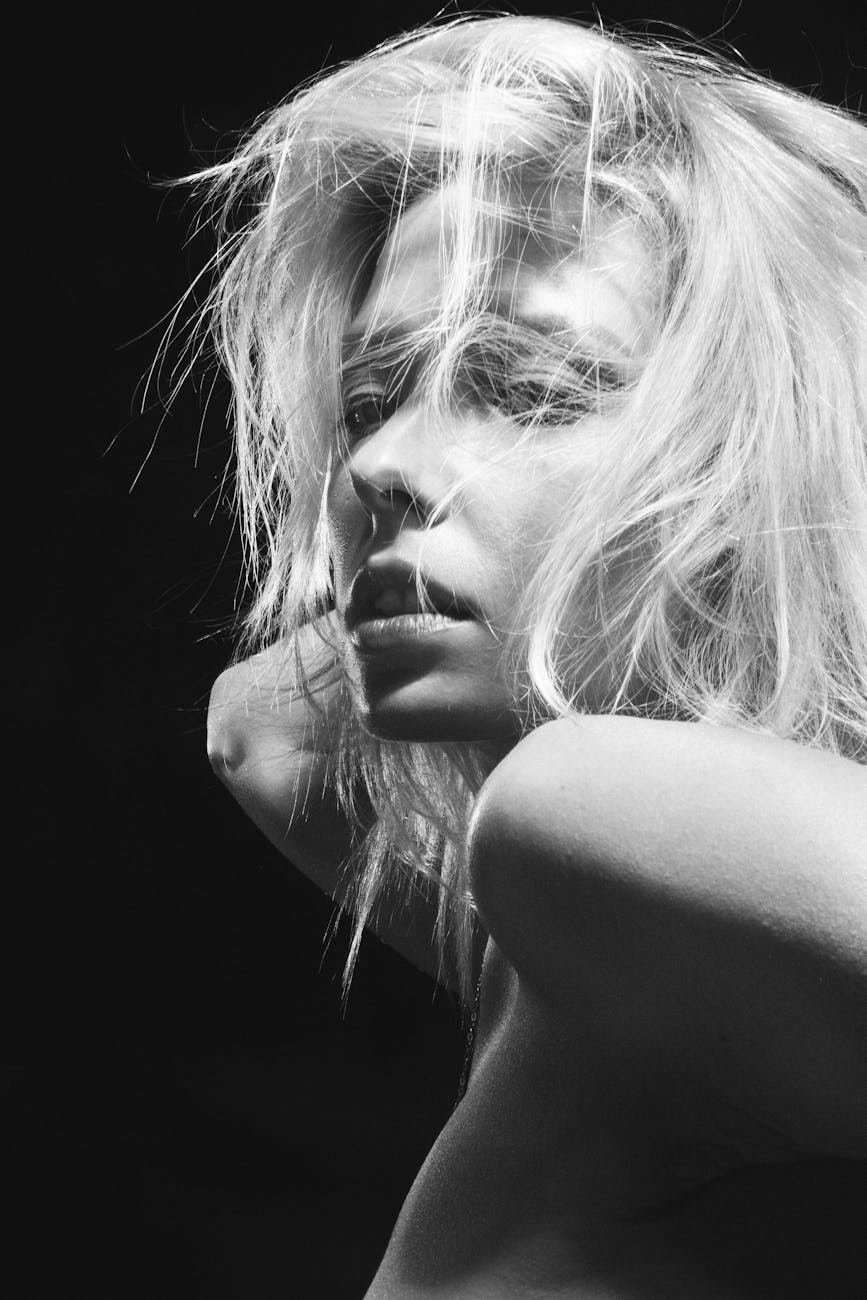 Aura Studio: Capturing Your Unique Radiance at Just For Hair 1 model face in black and white