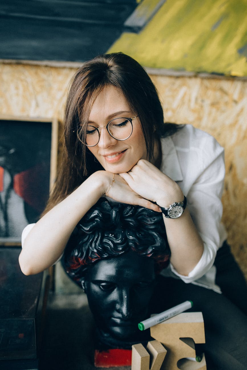 a woman sitting on the table