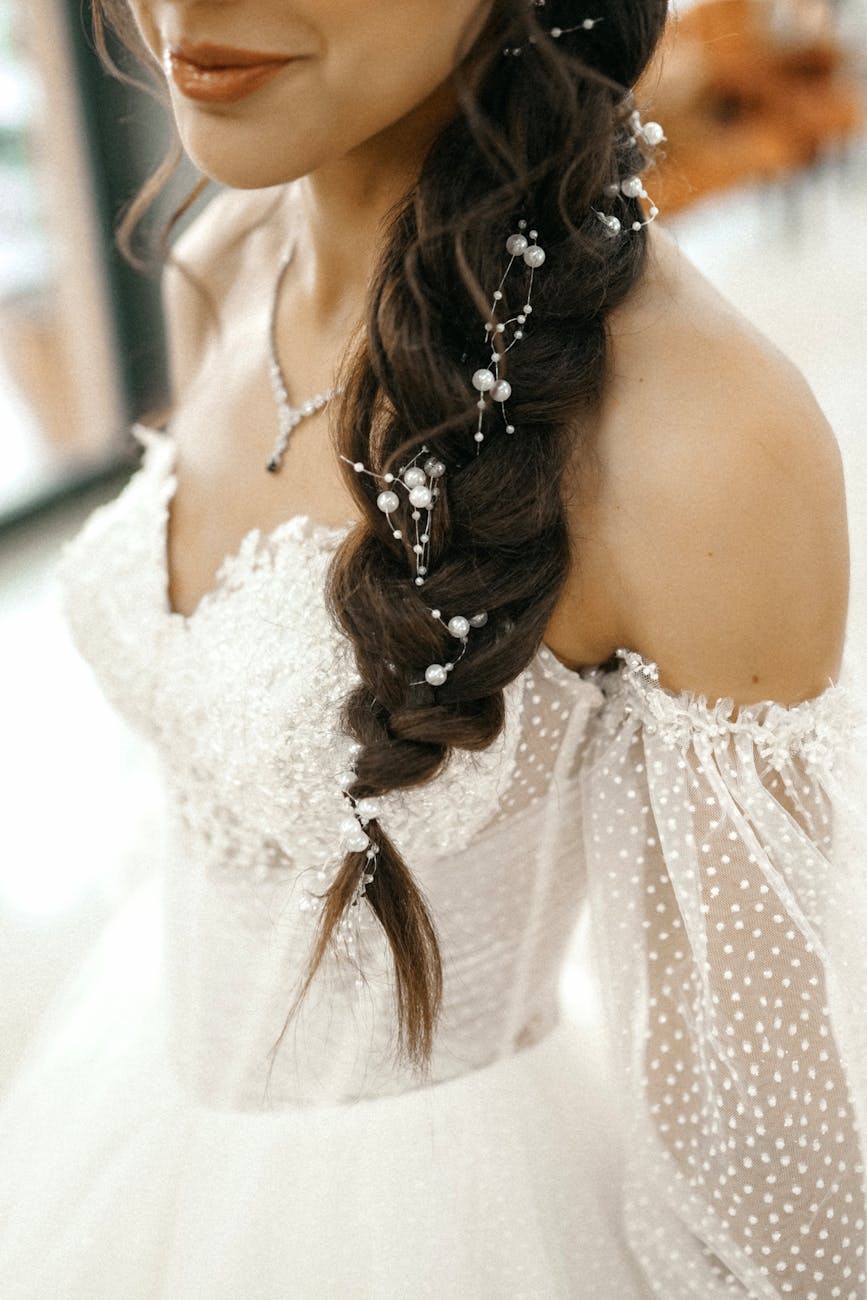 elegance in bridal detail with lace and braided hair