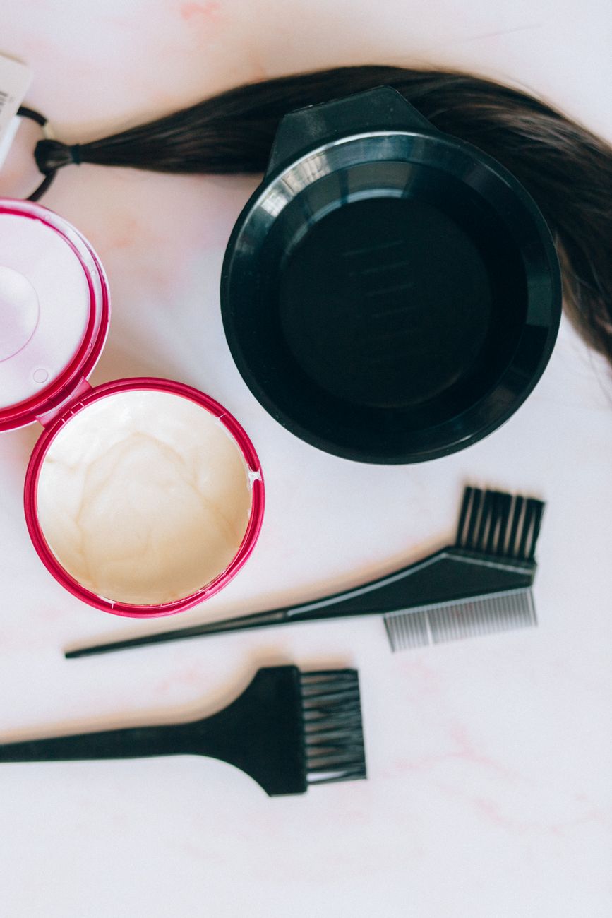 hair coloring supplies on white surface