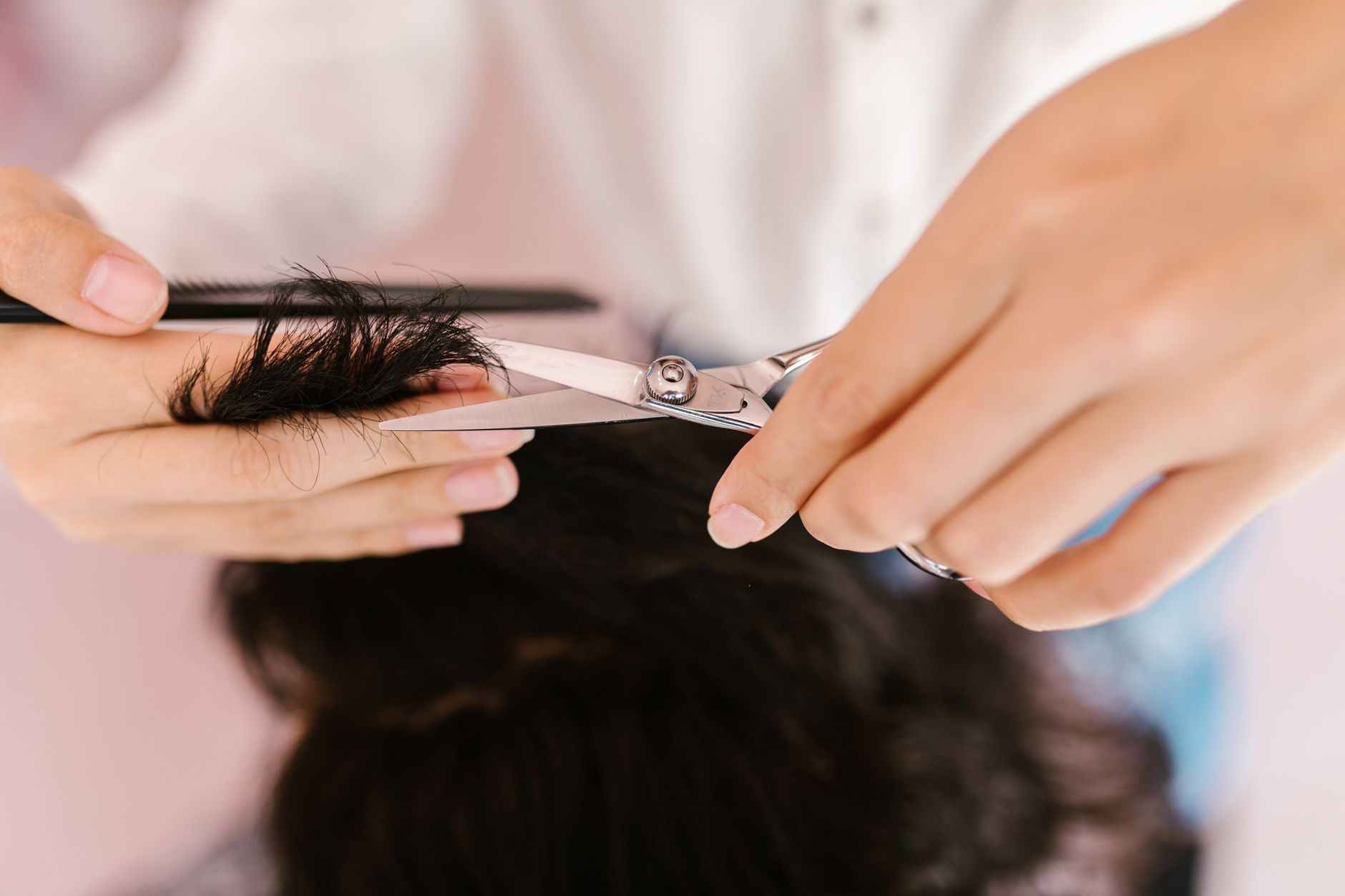Precision Layered Haircuts for Maximum Volume 1 person cutting hair using a silver scissors